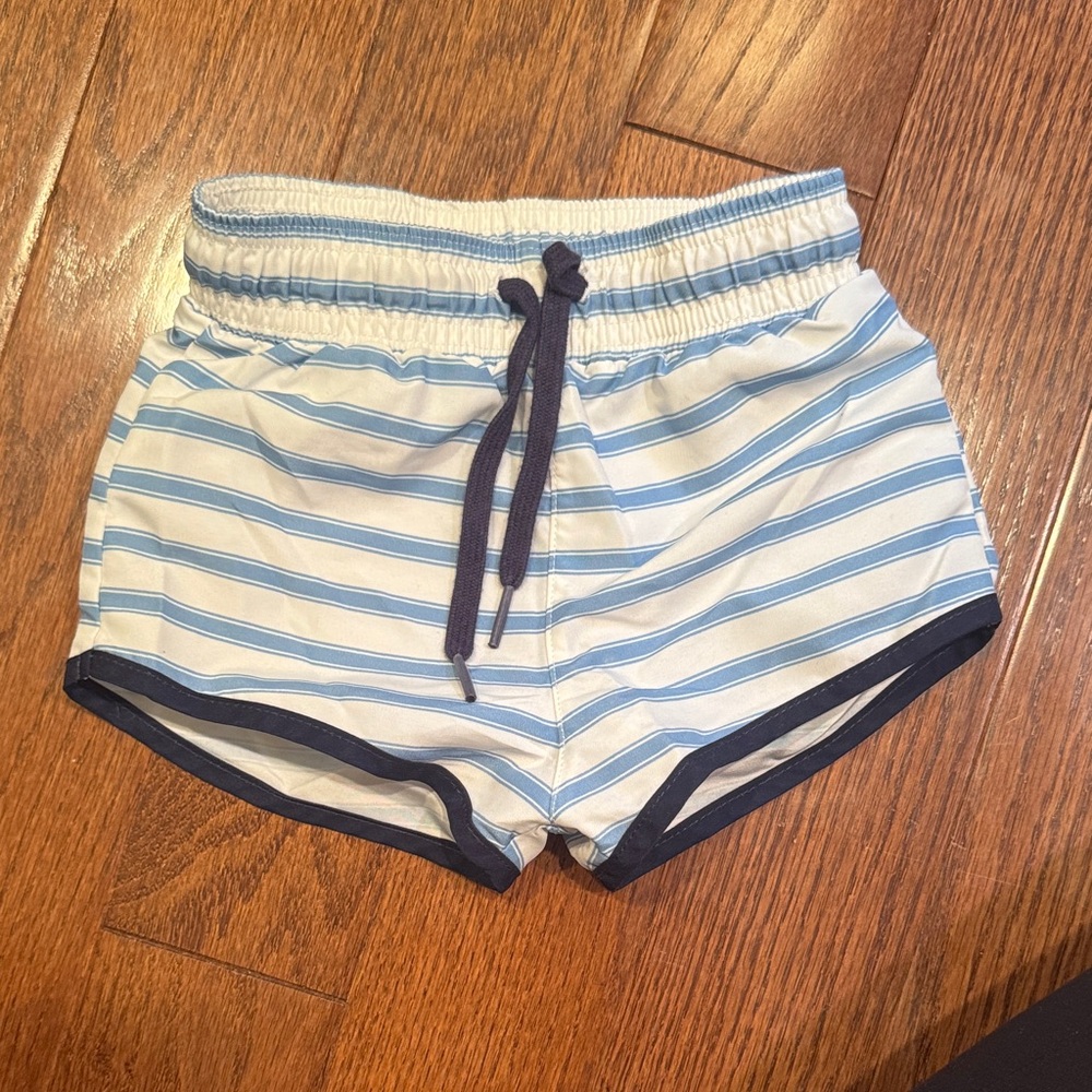 Striped Blue and White Kids Swim Trunks
